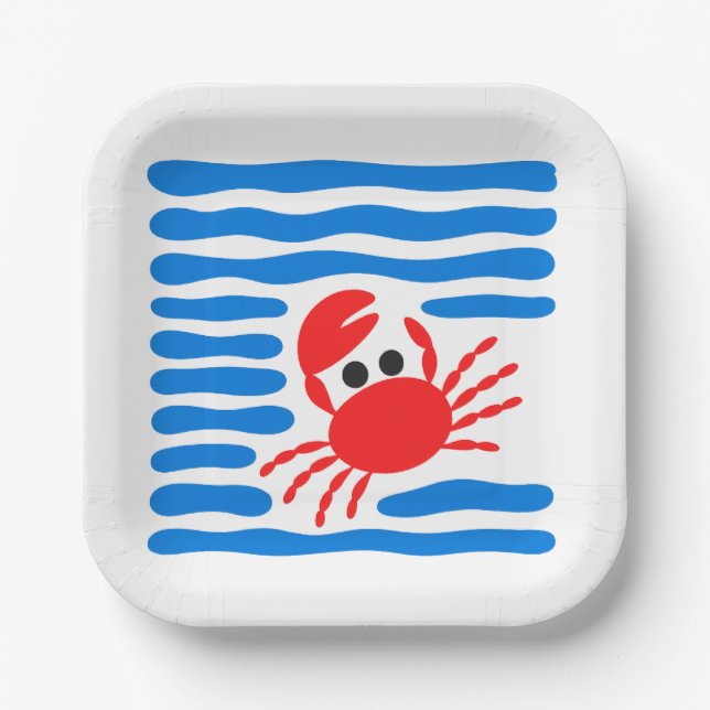 Plato De Papel Cute Red Crab & Blue Waves Coastal (Anverso)