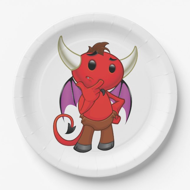 Plato De Papel Cute Red Devil Character Thinking Mischievous (Anverso)