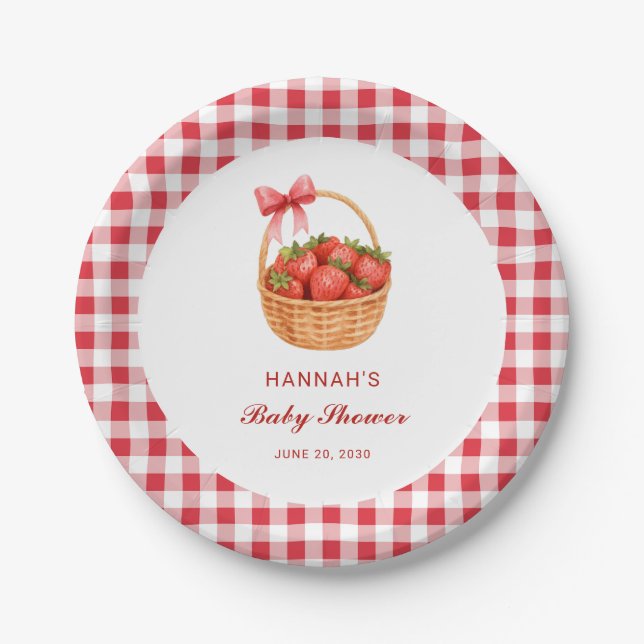 Plato De Papel Cute Red Gingham Strawberry Girl Baby Shower (Anverso)