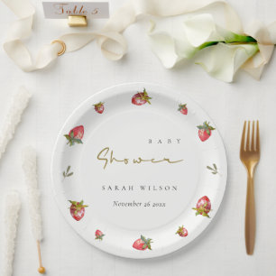 Plato De Papel Cute Red Strawberry Leafy Baby Shower Botánico