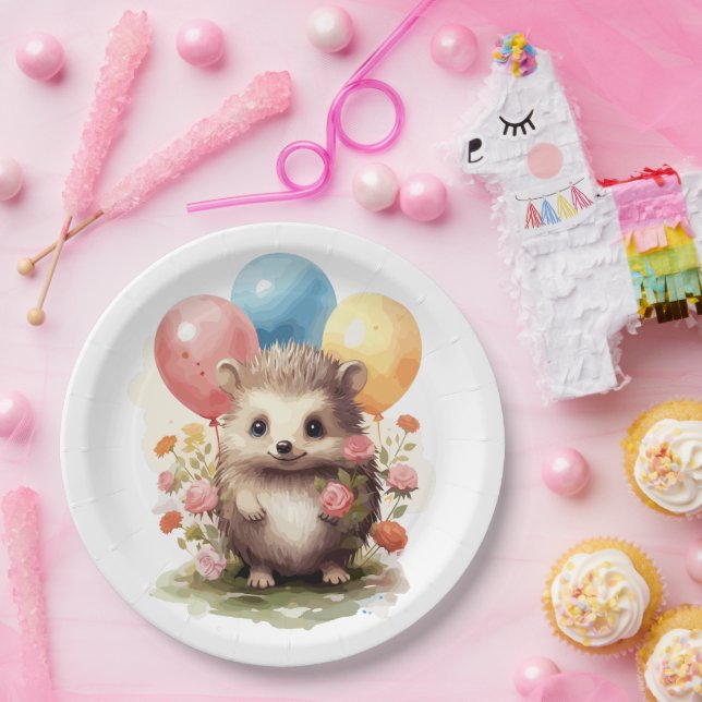 Plato De Papel Cute retro acuarela Hedgehog con globos (Fiesta)