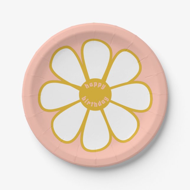 Plato De Papel Cute Retro Daisy Flower Feliz cumpleaños (Anverso)