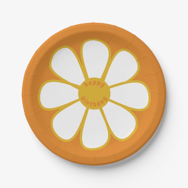 Plato De Papel Cute Retro Daisy Flower Feliz cumpleaños (Anverso)