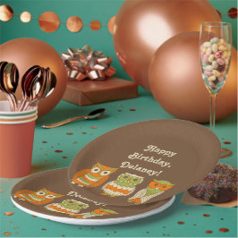 Plato De Papel Cute Retro Owls Brown personalizado