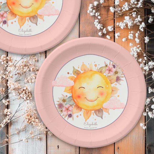 Plato De Papel Cute Retro Pink Boho Flowers Sunshine Baby Shower (Subido por el creador)