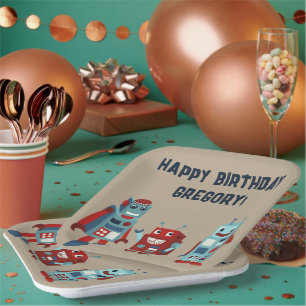 Plato De Papel Cute Retro Robots Sci-Fi Boys Cumpleaños