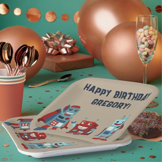 Plato De Papel Cute Retro Robots Sci-Fi Boys Cumpleaños (Multi)
