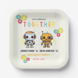 Plato De Papel Cute Robots Niños Juntos Cumpleaños Conjunto