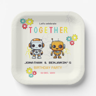 Plato De Papel Cute Robots Niños Juntos Cumpleaños Conjunto