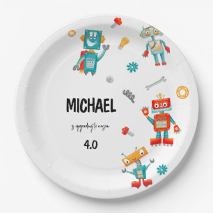 Plato De Papel Cute Robots Placa de papel de cumpleaños