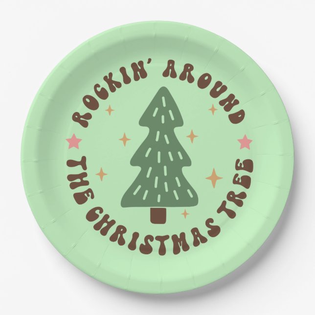 Plato De Papel Cute Rockin' alrededor del árbol de Navidad (Anverso)
