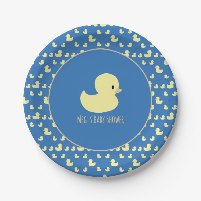 Plato De Papel Cute Rubber Duck Modern Blue Baby Shower (Anverso)