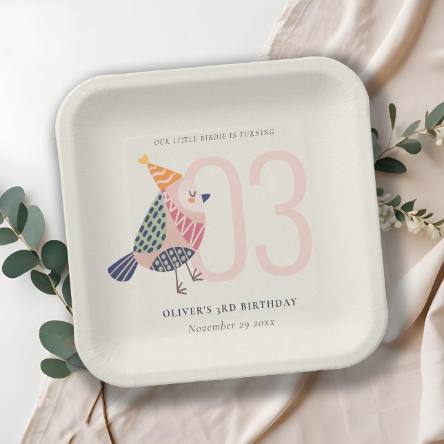 Plato De Papel Cute Rubor Pink Boho Birdie Cualquier cumpleaños d (Subido por el creador)