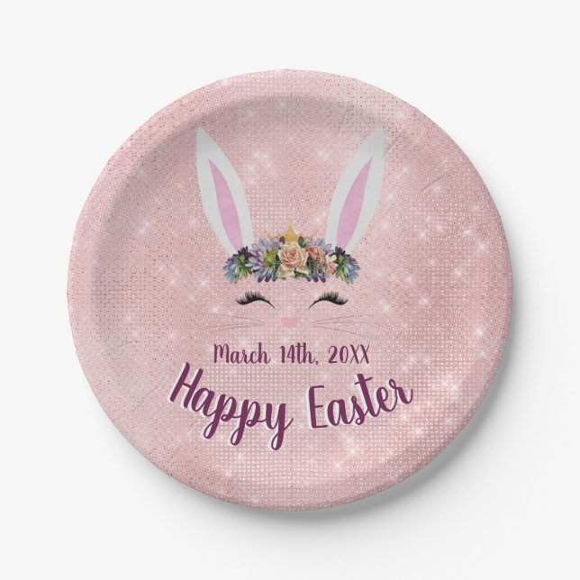Plato De Papel Cute Rubor Pink Happy Easter Bunny (Anverso)