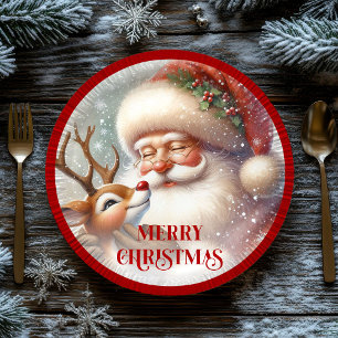 Plato De Papel Cute Rudolph Nariz Roja Niños Navidad Papel Fiesta