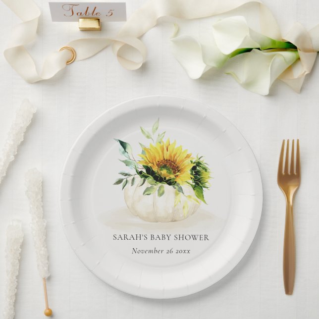 Plato De Papel Cute Rustic Sunflower Pumpkin Floral Baby Shower (Boda)
