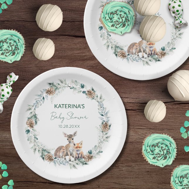 Plato De Papel Cute Rustic Winter Woodland Animals Baby Shower (These cute party plates match my Rustic Cuties woodland animal baby shower collection.)