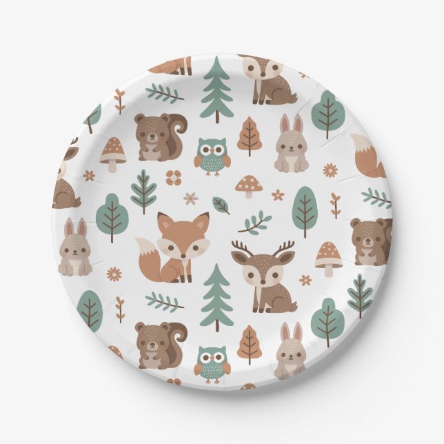 Plato De Papel Cute Rustic Woodlands Animals Pattern Baby Shower (Anverso)
