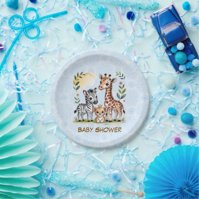 Plato De Papel Cute Safari Animal Trio Boy Baby Shower (Fiesta)