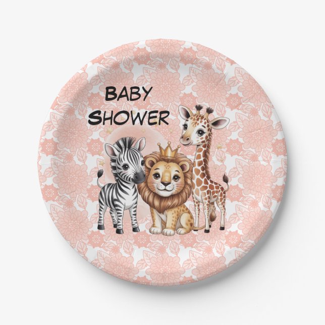 Plato De Papel Cute Safari Animals With Pink Florals (Anverso)