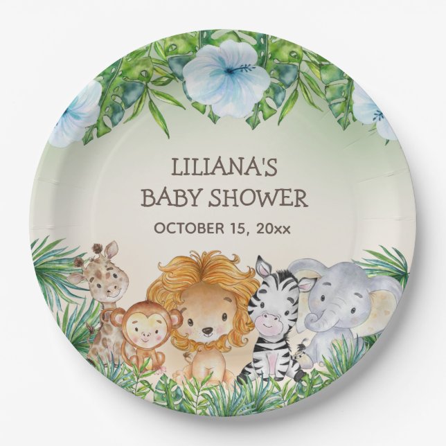 Plato De Papel Cute Safari Jungle Animals Boy Baby Shower (Anverso)
