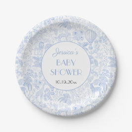 Plato De Papel Cute Safari Toile de Jouy Blue Baby Shower