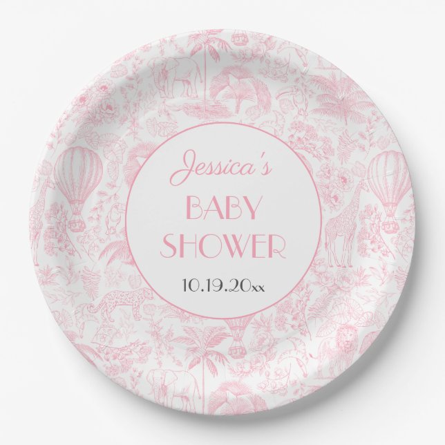 Plato De Papel Cute Safari Toile de Jouy Pink Baby Shower (Anverso)