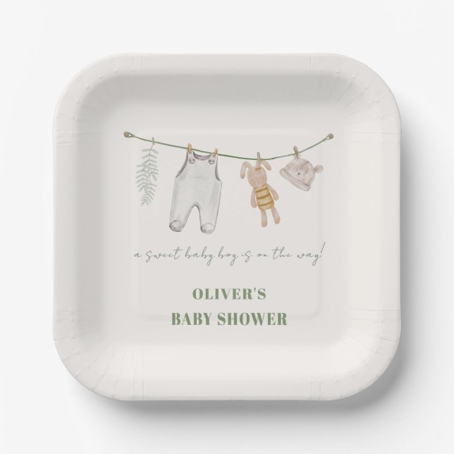 Plato De Papel Cute Sage Green Boho Boy Ropa Baby Shower (Anverso)
