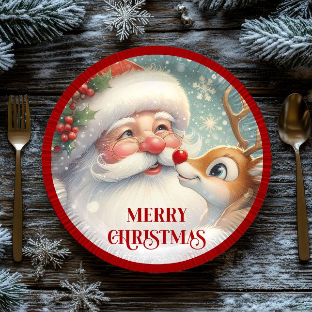 Plato De Papel Cute Santa and Rudolph Cartoon Christmas Plates (Cute Santa and Rudolph Cartoon Christmas Paper Plates)