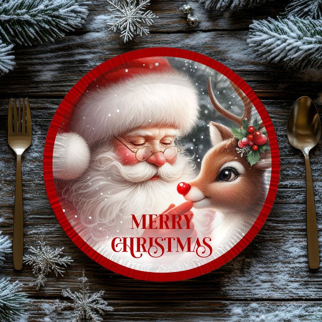 Plato De Papel Cute Santa and Rudolph Kids Christmas Dinner Plate (Cute Santa and Rudolph Kids Christmas Dinner Plates)