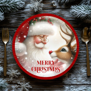 Plato De Papel Cute Santa Claus y Rudolph divertido papel de vaca