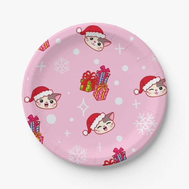 Plato De Papel Cute Santa Kitties Navidades rosados Fiestas (Anverso)