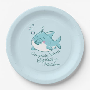 Plato De Papel Cute Shark Baby Shower Kawaii Blue Boy