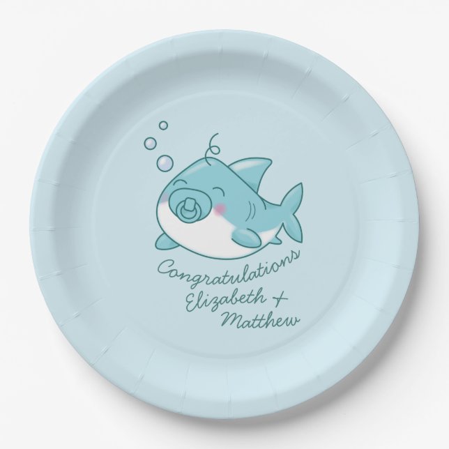 Plato De Papel Cute Shark Baby Shower Kawaii Blue Boy (Anverso)