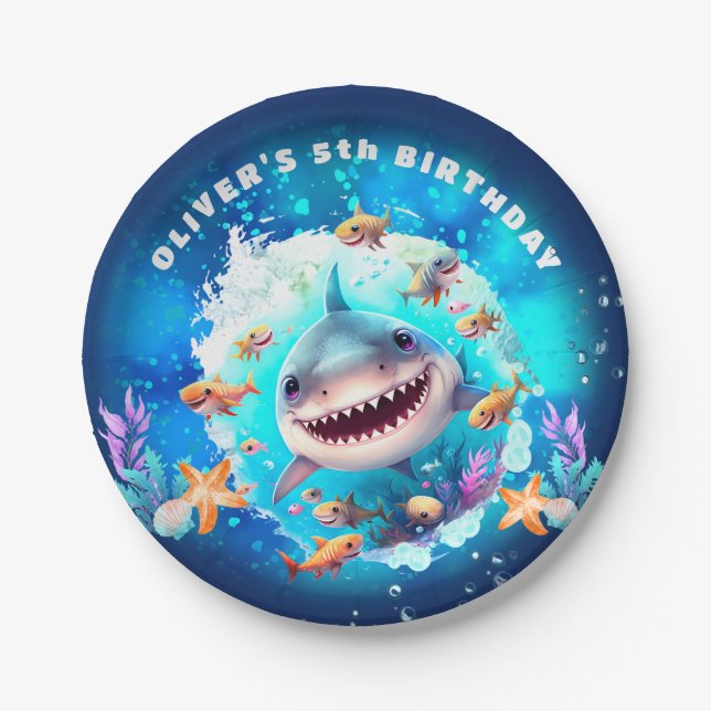 Plato De Papel Cute Shark Boy Birday Party (Anverso)