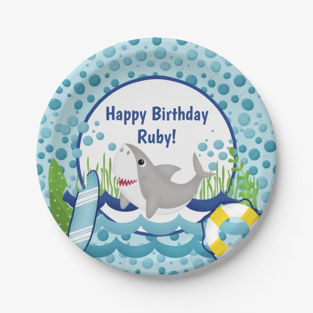 Plato De Papel Cute Shark Ocean Happy Birday (Anverso)