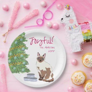 Plato De Papel Cute Siamese Cat with Tuna Joyful Christmas