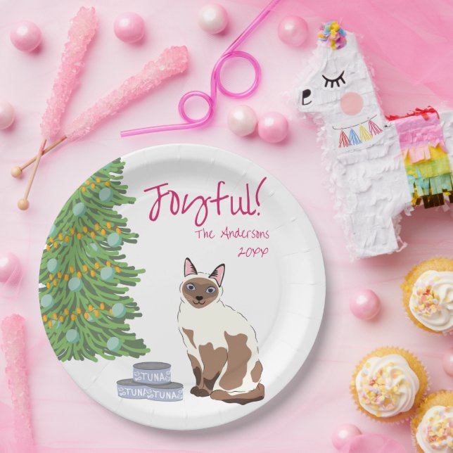 Plato De Papel Cute Siamese Cat with Tuna Joyful Christmas  (Fiesta)
