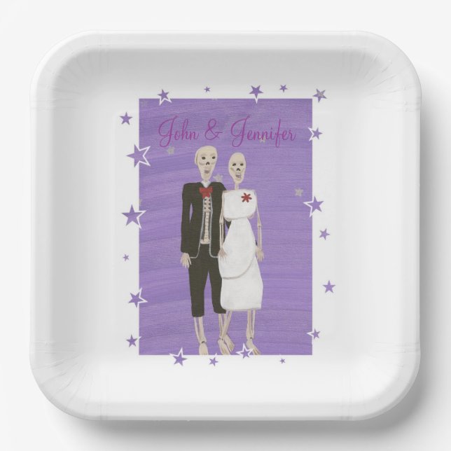 Plato De Papel Cute Skeletons Lavender Stars Halloween Boda (Anverso)