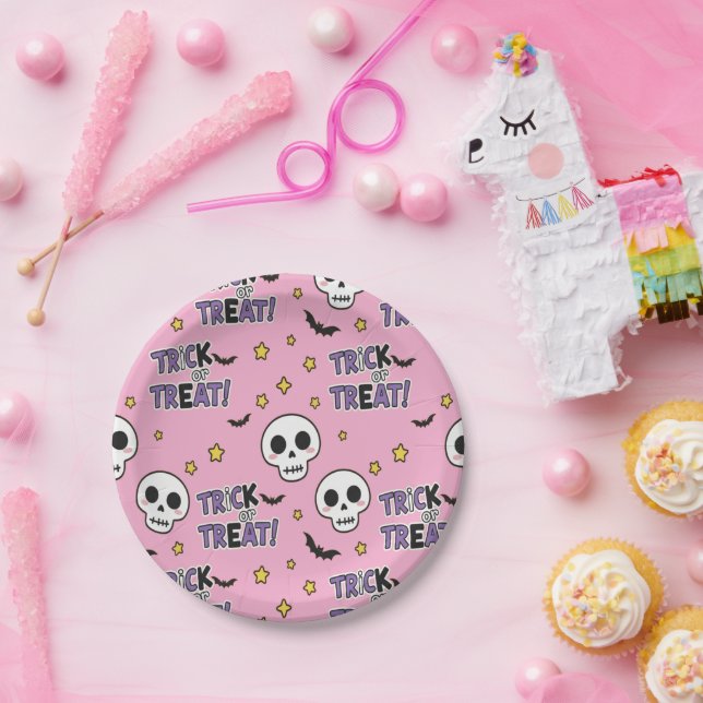 Plato De Papel Cute Skeletons Pink For Halloween (Fiesta)