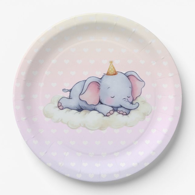 Plato De Papel Cute Sleeping Elephant Baby Shower Paper Plates (Anverso)