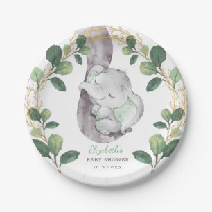 Plato De Papel Cute Sleeping Elephant Greenereny Gold Baby Shower