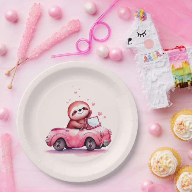 Plato De Papel Cute Sloth Driving a Pink Convertible (Fiesta)