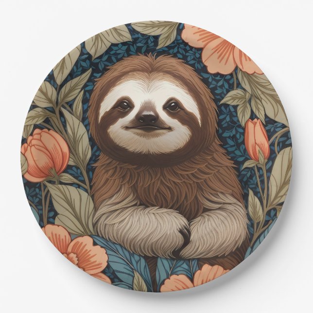 Plato De Papel Cute Sloth Elegant Floral William Morris Inspired (Anverso)