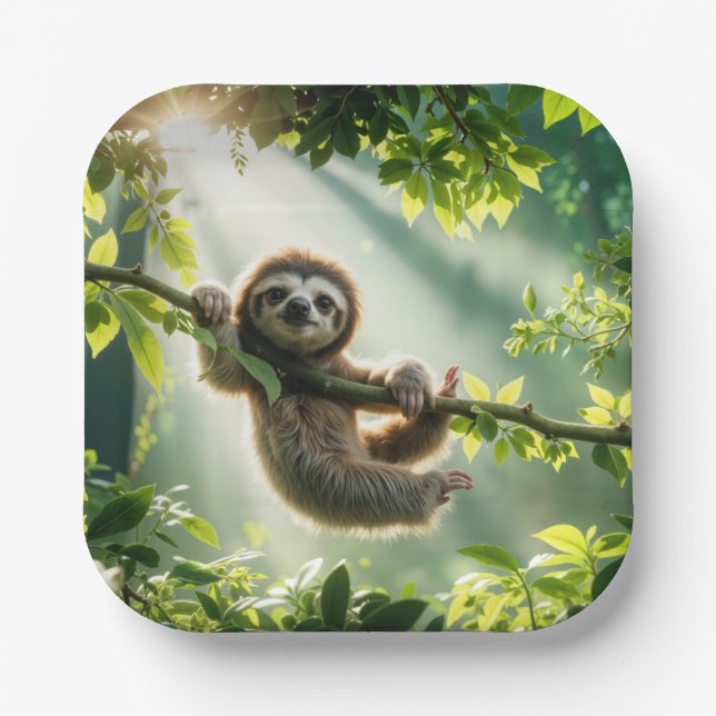 Plato De Papel Cute Sloth In Backlit By Sunbeams (Anverso)