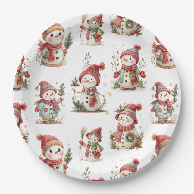 Plato De Papel Cute snowmen with hats  (Anverso)