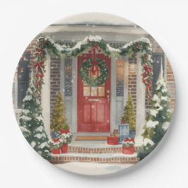 Plato De Papel Cute Snowy Christmas Porch 