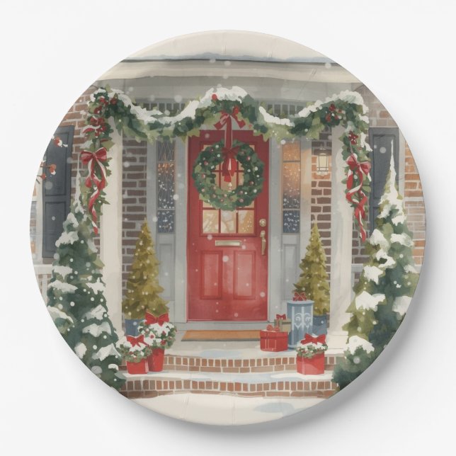Plato De Papel Cute Snowy Christmas Porch  (Anverso)