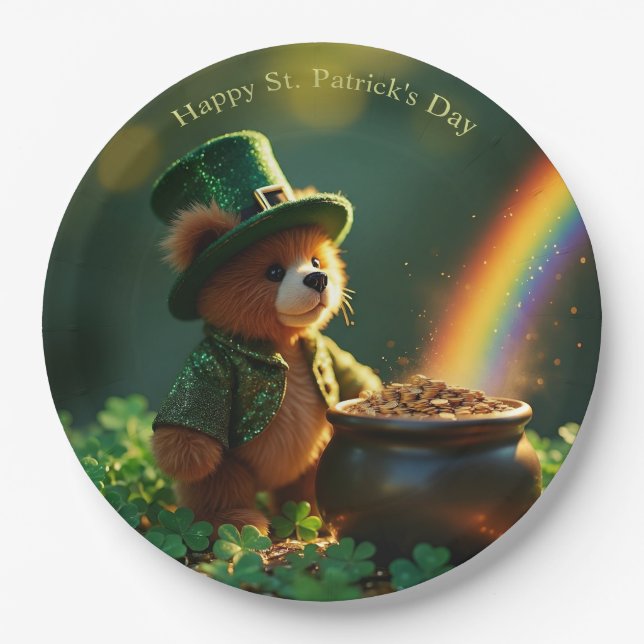 Plato De Papel Cute St. Patrick’s Day Teddy Bear (Anverso)