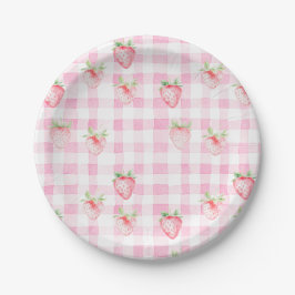 Plato De Papel Cute Strawberry Berry Pink Gingham Brithday